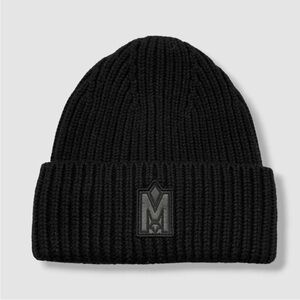 $145 Mackage women’s Black Wool Hand-Knit Tonal Logo Jude Beanie Hat Size …